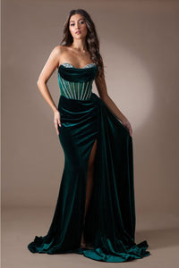 Amelia Couture 5051 Strapless Jewel Embellished Mermaid Side Sash Gown - EMERALD GREEN / 2 Dress