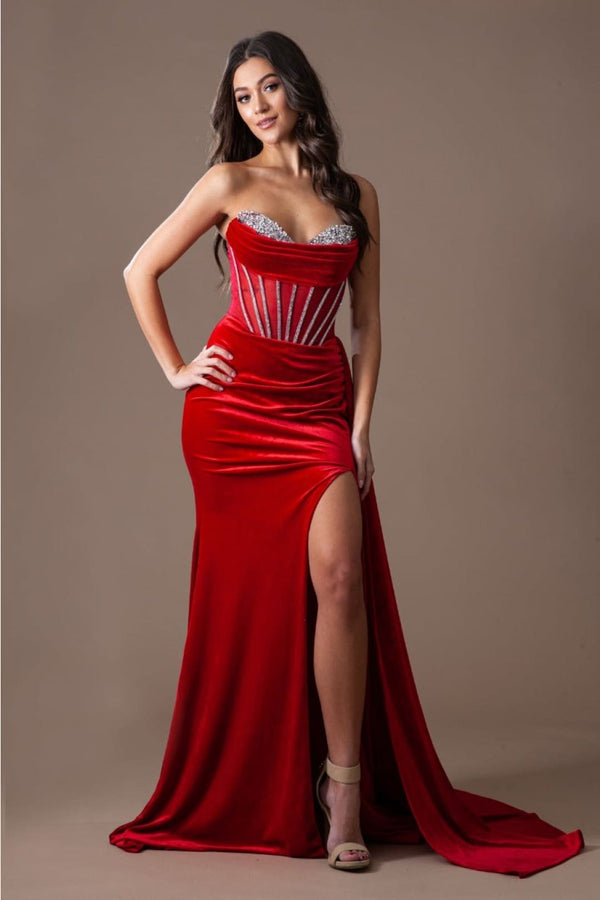 Amelia Couture 5051 Strapless Jewel Embellished Mermaid Side Sash Gown - RED / 2 Dress