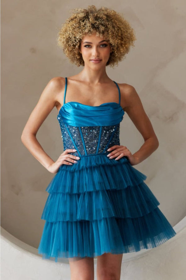 Amelia Couture BZ9023S Corset Bodice Ruffle Birthday A-line Dress - TEAL / Dress