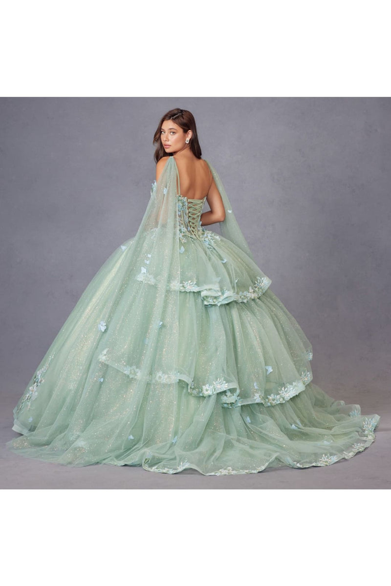 Applique Cape Sleeve Tiered Ball Gown by Juliet JT1466H Sage Green / 14 Applique Cape Sleeve Tiered Ball Gown by Juliet JT1466H Sage Green / 14