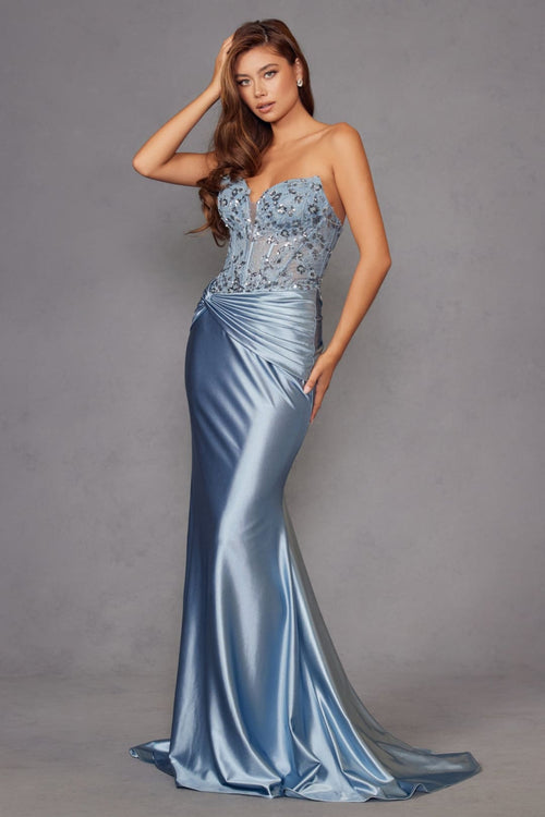 Applique Satin Strapless Gown by Juliet JT2534K - Long Formal Dresses