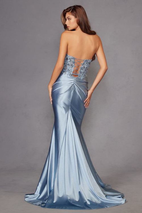 Applique Satin Strapless Gown by Juliet JT2534K - Long Formal Dresses
