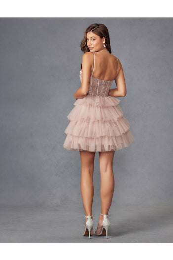 Applique Short Sleeveless Tiered Dress by Juliet JT923S - Short Cocktail Dresses