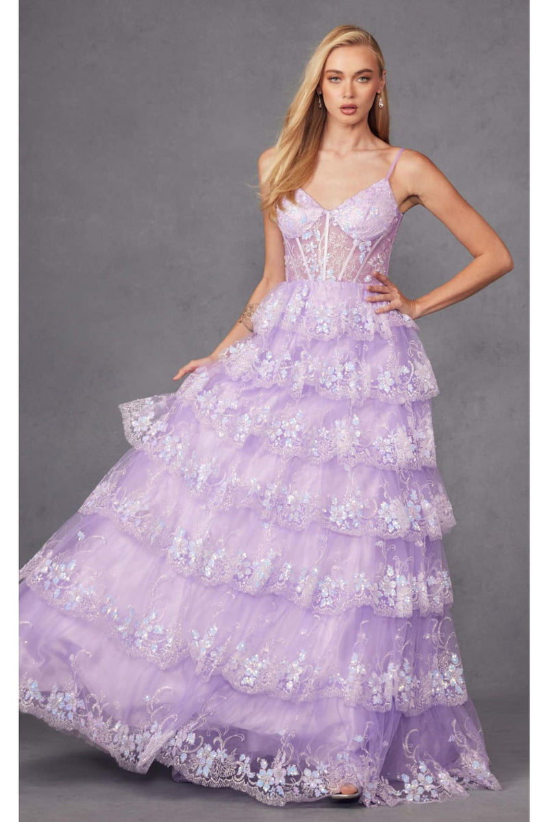 Juliet JT2457H Long Tiered Ruffled Tulle A-Line Sequin Bodice Dress