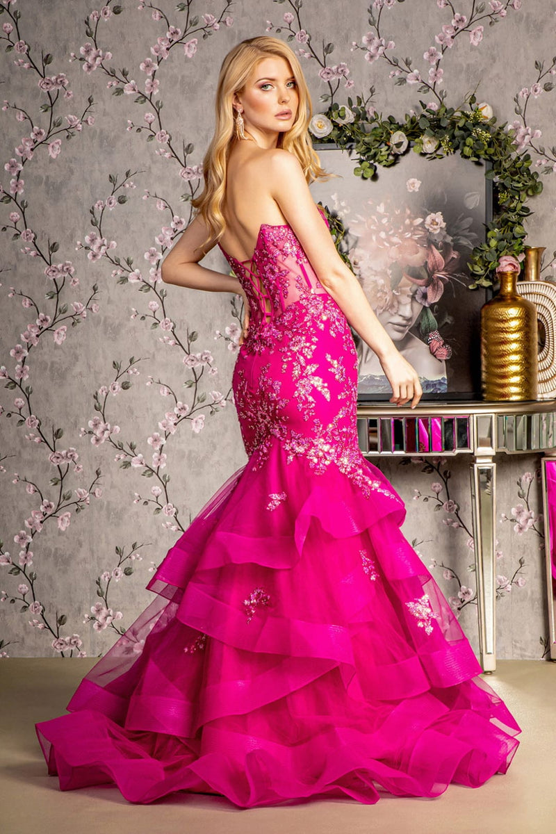 tiered mermaid dress Floral Embroidered Mermaid Gown with Tiered Tulle Skirt 43941