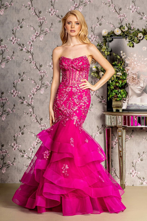 Applique Strapless Tiered Mermaid Dress by GLS Gloria GL3216 - XS / Magenta - Long Formal Dresses
