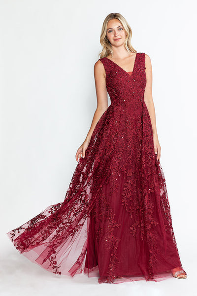 Vestido formal largo con escote en V y sin mangas, corte A, de Lenovia 8337 (Nueva colección)