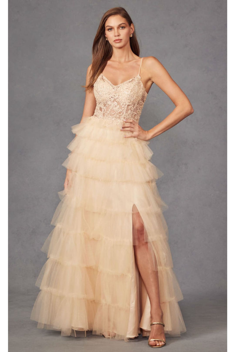 Juliet 623 Trumpet Style Gown with Applique Beading