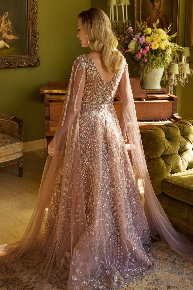 long fancy dresses with sleeves Beaded A-Line Evening Gown by GLS Gloria GL3607 gold metallic and the inside is Plus Size Semi-Formal Party Size:Custom Size ( Special instructions for seller )