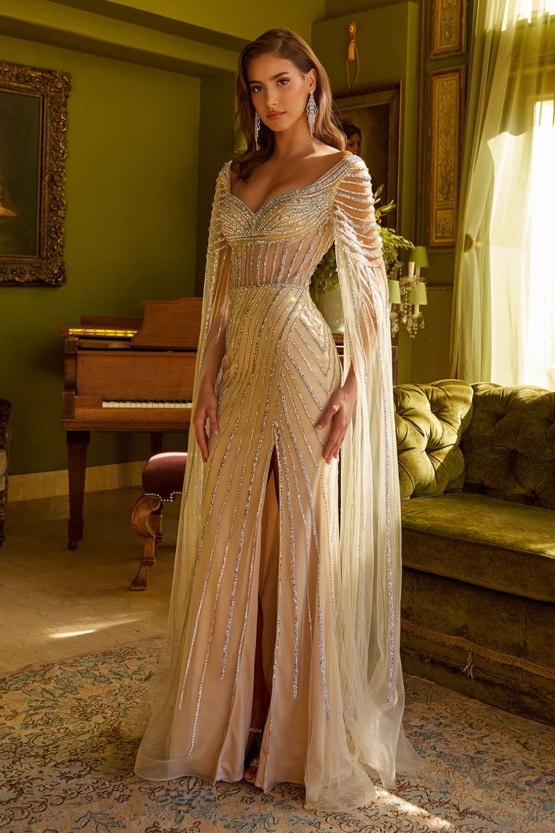 Beaded Cape Sleeve Slit Gown by GLS Gloria GL3624 - XS / Champagne - Long Formal Dresses