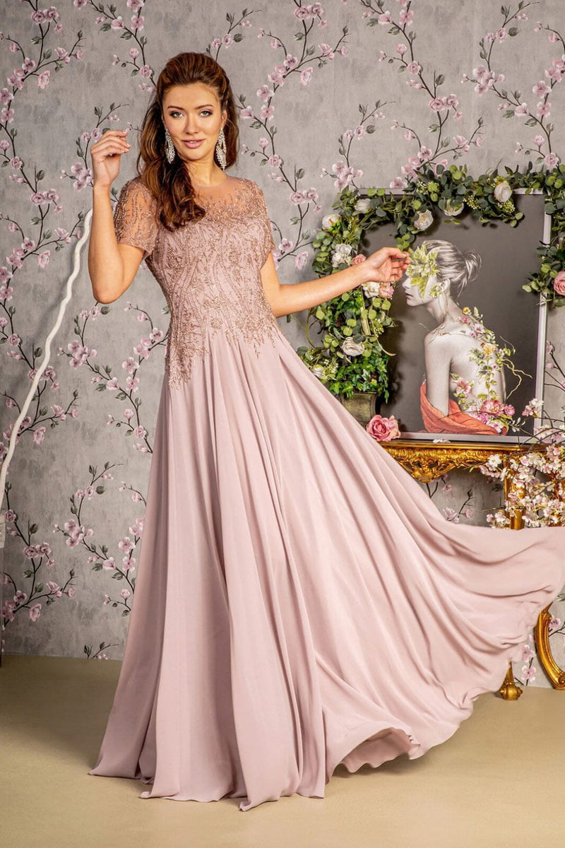 Beaded Chiffon Short Sleeve Gown by GLS Gloria GL3492 L / Mauve Beaded Chiffon Short Sleeve Gown by GLS Gloria GL3492 L / Mauve