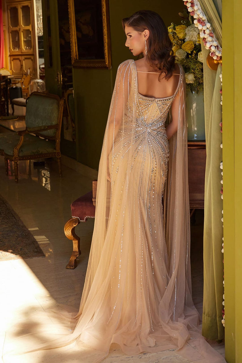 green emerald velvet dress Beaded Fitted Cape Sleeve Gown by GLS Gloria GL3583 S / Gold main image 1