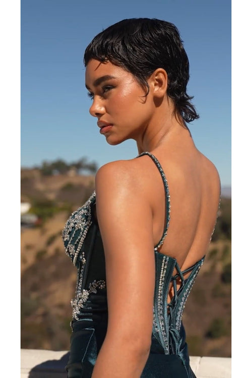 Beaded Satin Sleeveless Slit Gown by Ladivine CM383 - Long Formal Dresses