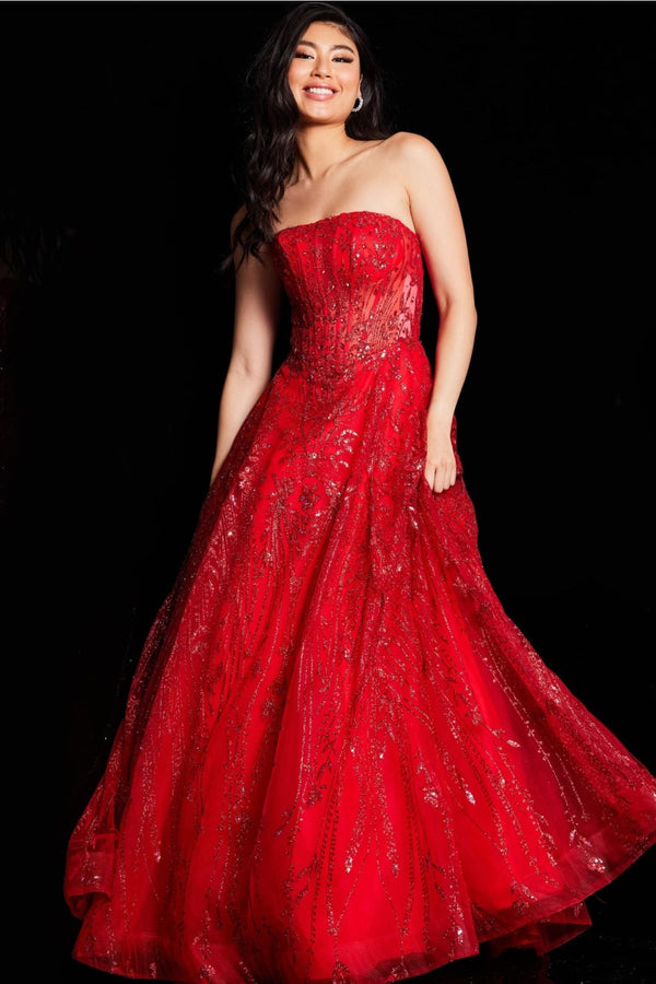 Beaded Tulle Strapless A-line Gown by Jovani 26109 - 00 / Red - Long Formal Dresses