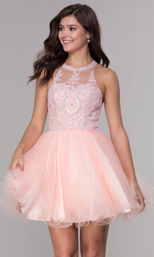 Narianna-Short Babydoll Homecoming Dress with Beading