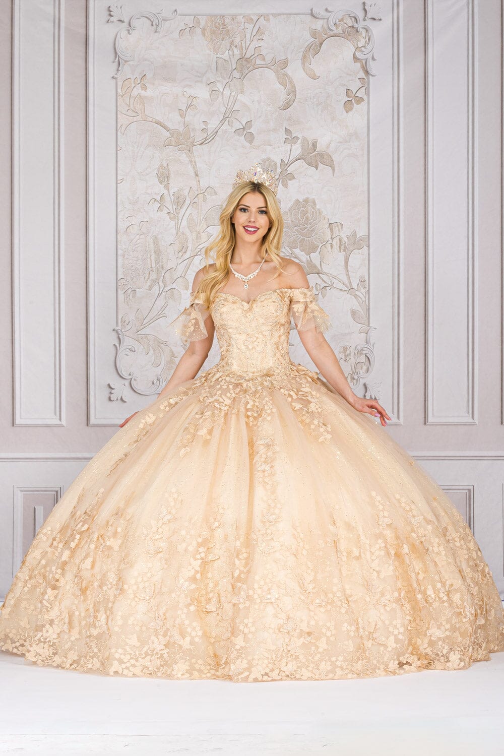 Butterfly Applique Off Shoulder Ball Gown by Bella Princess PQ1021