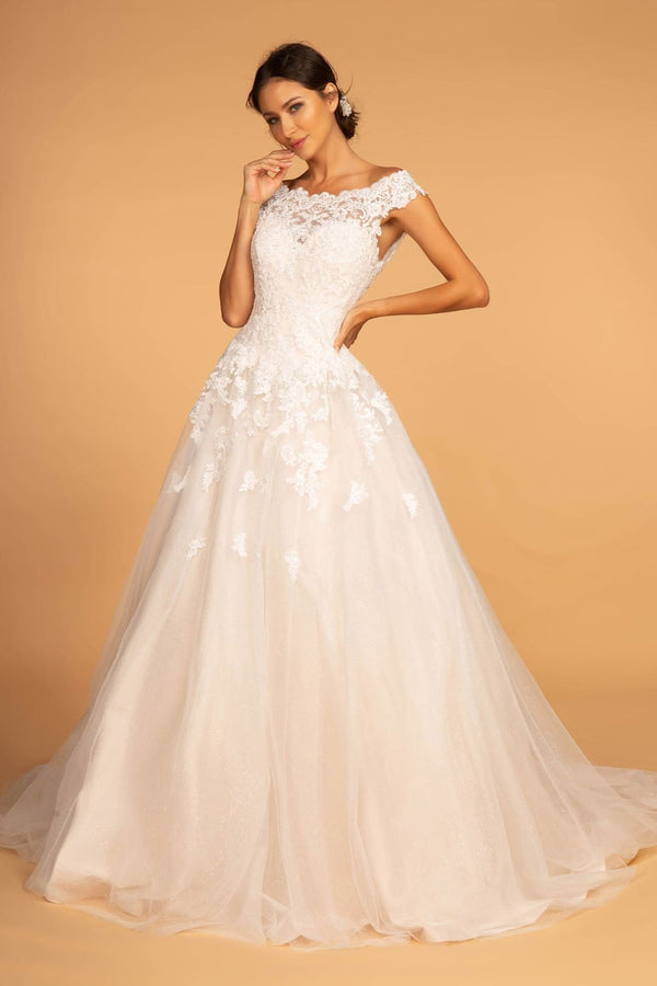 Cap Sleeve Wedding Dress with Lace Appliques by Elizabeth K GL2596 - XS / Ivory/Cream - Wedding Dresses