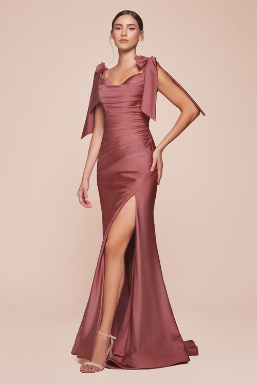 Cinderella Divine CD943 Sexy Stretchy Bow Straps Long Prom Dress