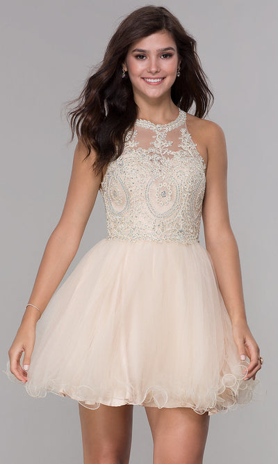 Narianna-Short Babydoll Homecoming Dress with Beading