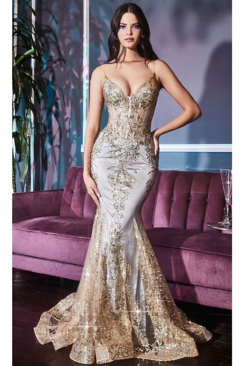Cinderella Divine - J810 Shimmer Corset Bodice Mermaid Junior Prom Gown - Gold-Mist / 2 - Prom Dress