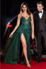 Cinderella Divine J847 Shimmering Fit & Flare High Slit Sexy Prom Gown - EMERALD / 2 - Dress
