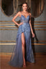 Cinderella Divine J847 Shimmering Fit & Flare High Slit Sexy Prom Gown - PARIS BLUE / 2 - Dress