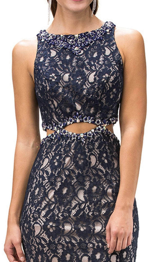 Dancing Queen - 9271 Sleeveless Jewel Neck Lace Cutout Prom Dress Prom Dresses XS / Peach