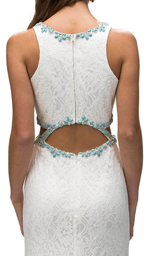Dancing Queen - 9271 Sleeveless Jewel Neck Lace Cutout Prom Dress Prom Dresses XS / Off White/ Aqua
