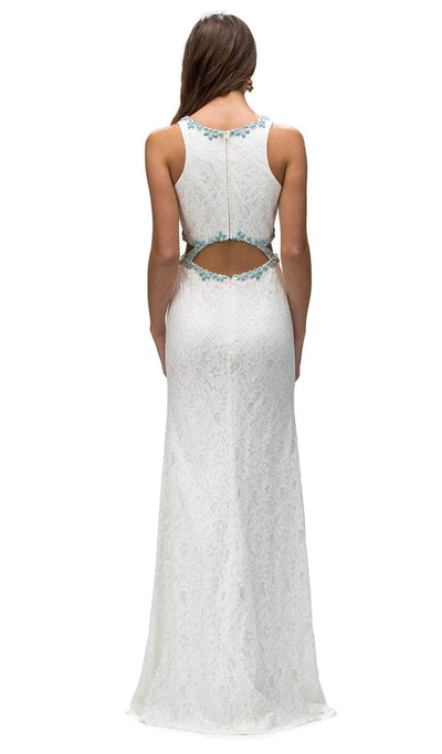 Dancing Queen - 9271 Sleeveless Jewel Neck Lace Cutout Prom Dress Prom Dresses XS / Off White/ Aqua
