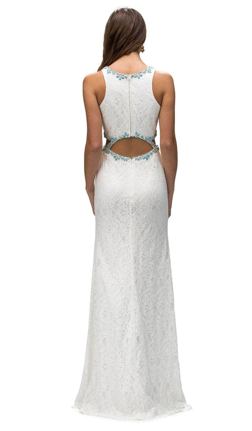 Dancing Queen - 9271 Sleeveless Jewel Neck Lace Cutout Prom Dress Prom Dresses XS / Off White/ Aqua