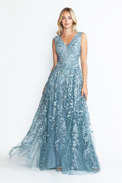 Vestido formal largo con escote en V y sin mangas, corte A, de Lenovia 8337 (Nueva colección)