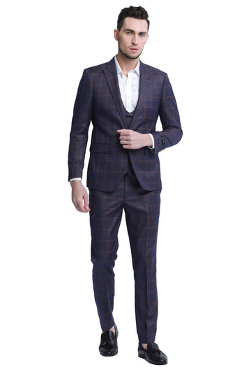 Men's Burgundy Plaid Slim Fit Suit with Double Breasted Vest