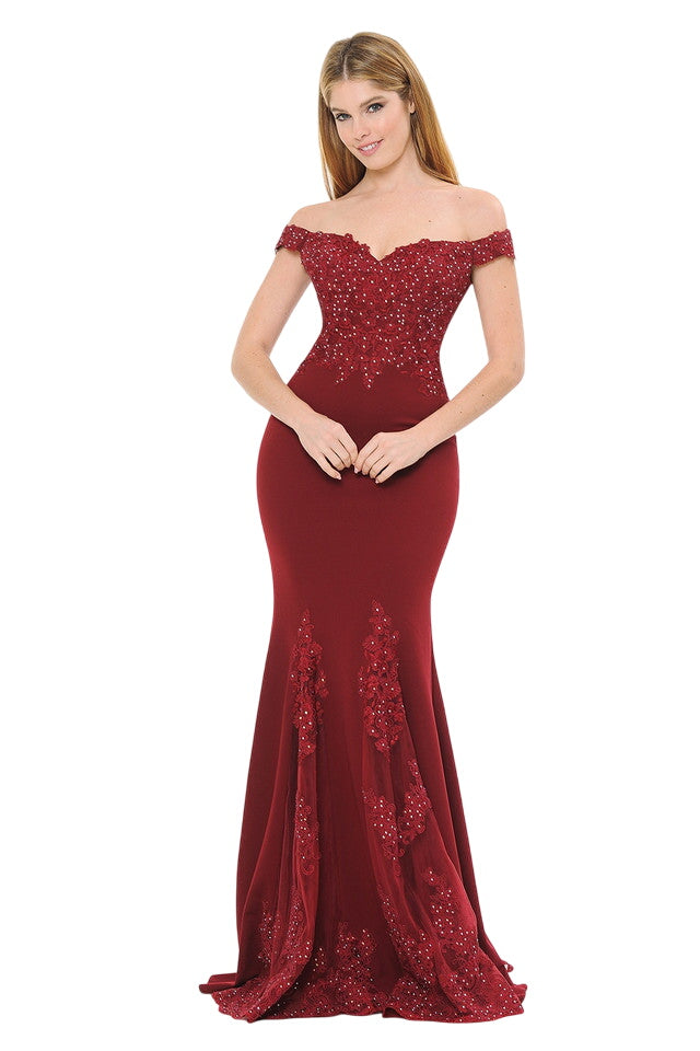 Off-Shoulder Beaded Embroidered Mermaid Formal Gown with Mesh Godet Skirt By Lenovia 8137