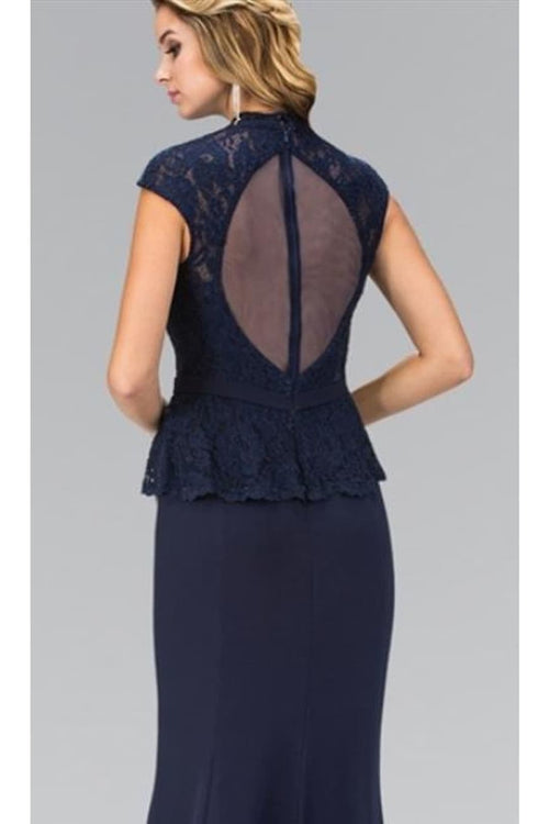 High Neck Cap Sleeve Peplum Long Dress- GL1421