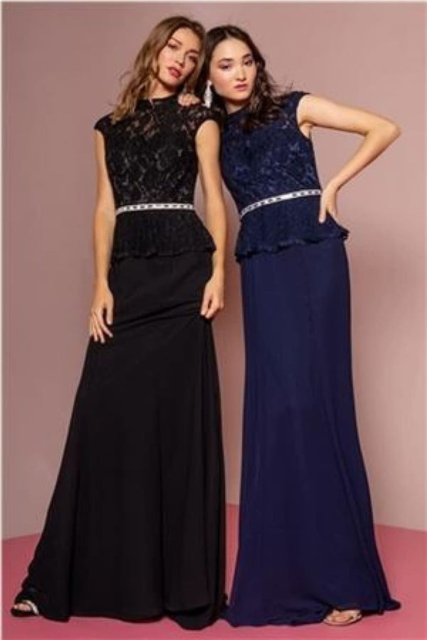 High Neck Cap Sleeve Peplum Long Dress- GL1421