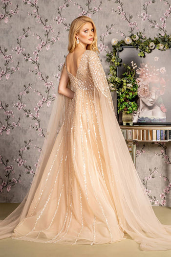 Embellished Cape Sleeve A-line Gown by GLS Gloria GL3494 - Long Formal Dresses