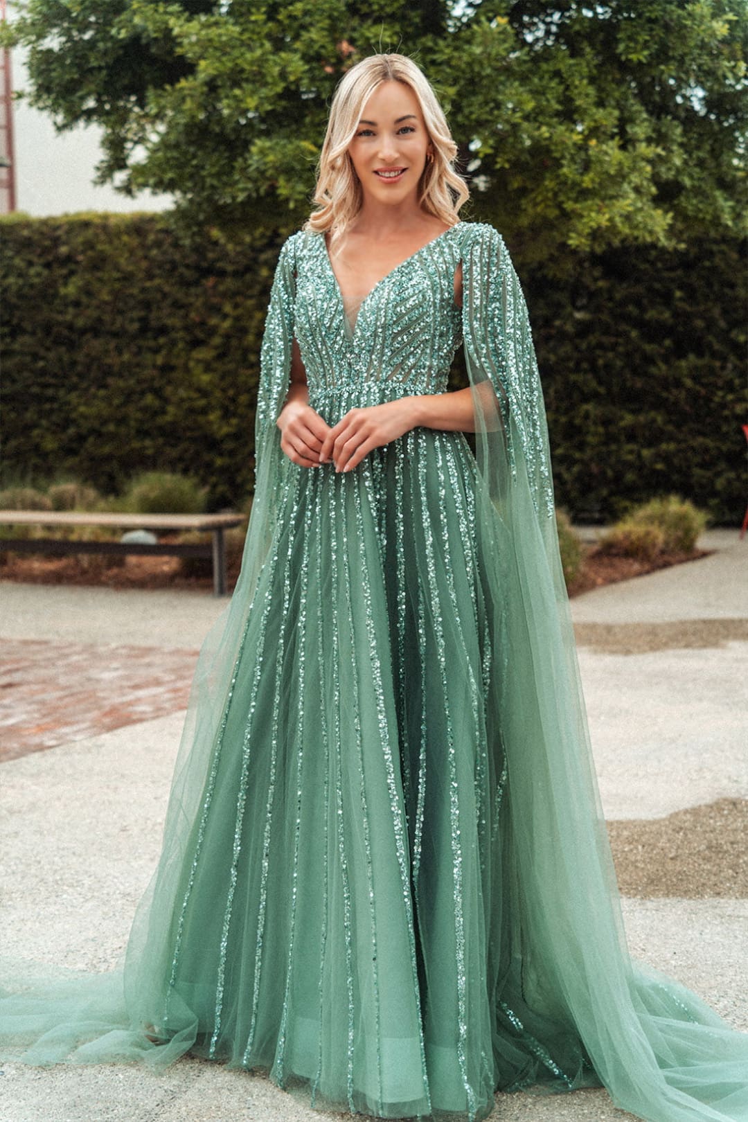 Embellished Cape Sleeve A-line Gown by GLS Gloria GL3494 - S / Sage - Long Formal Dresses