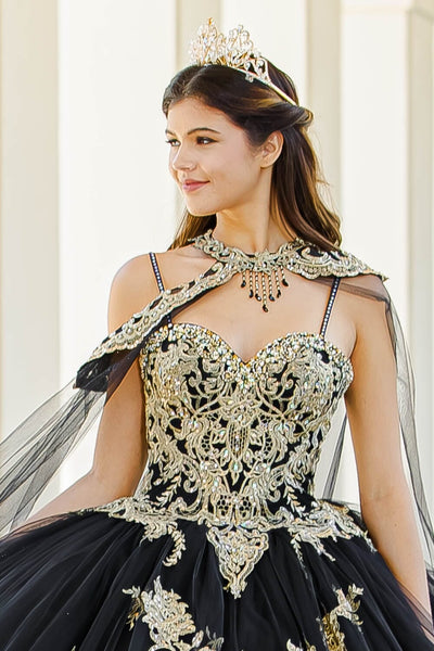 Embroidered Applique Cape Ball Gown by Bella Princess PQ1016