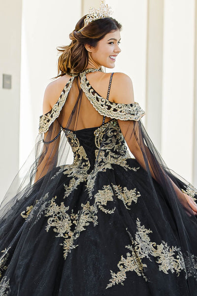 Embroidered Applique Cape Ball Gown by Bella Princess PQ1016