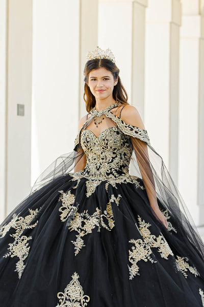 Embroidered Applique Cape Ball Gown by Bella Princess PQ1016