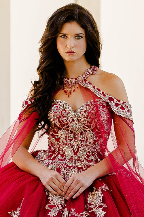 Embroidered Applique Cape Ball Gown by Bella Princess PQ1016