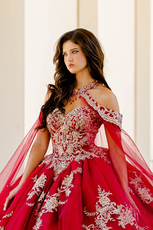 Embroidered Applique Cape Ball Gown by Bella Princess PQ1016