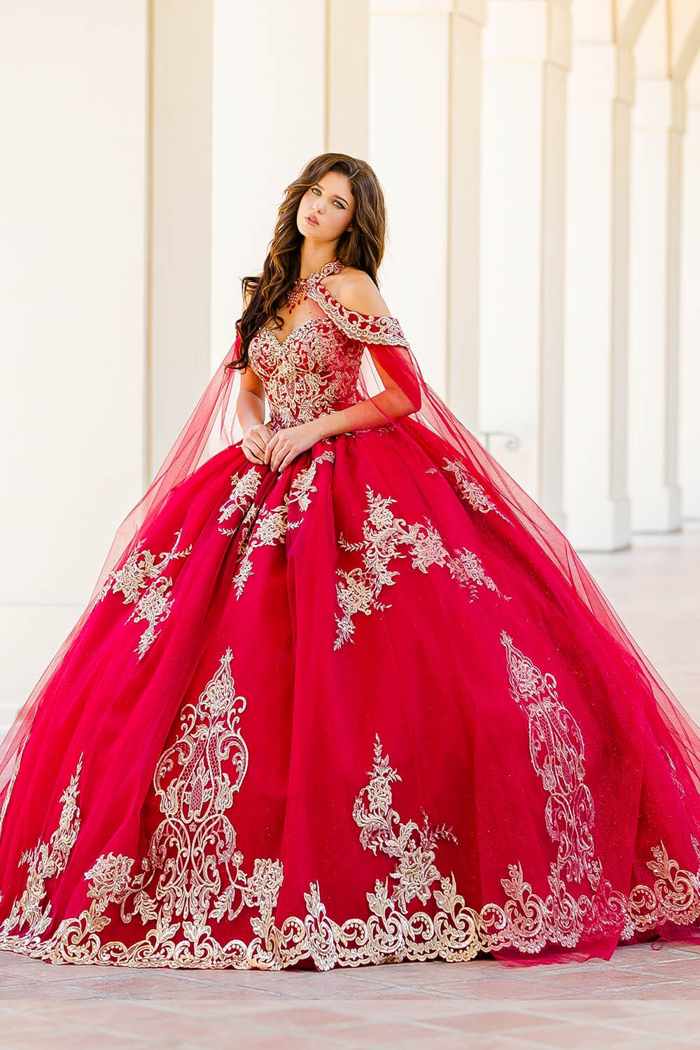 Embroidered Applique Cape Ball Gown by Bella Princess PQ1016