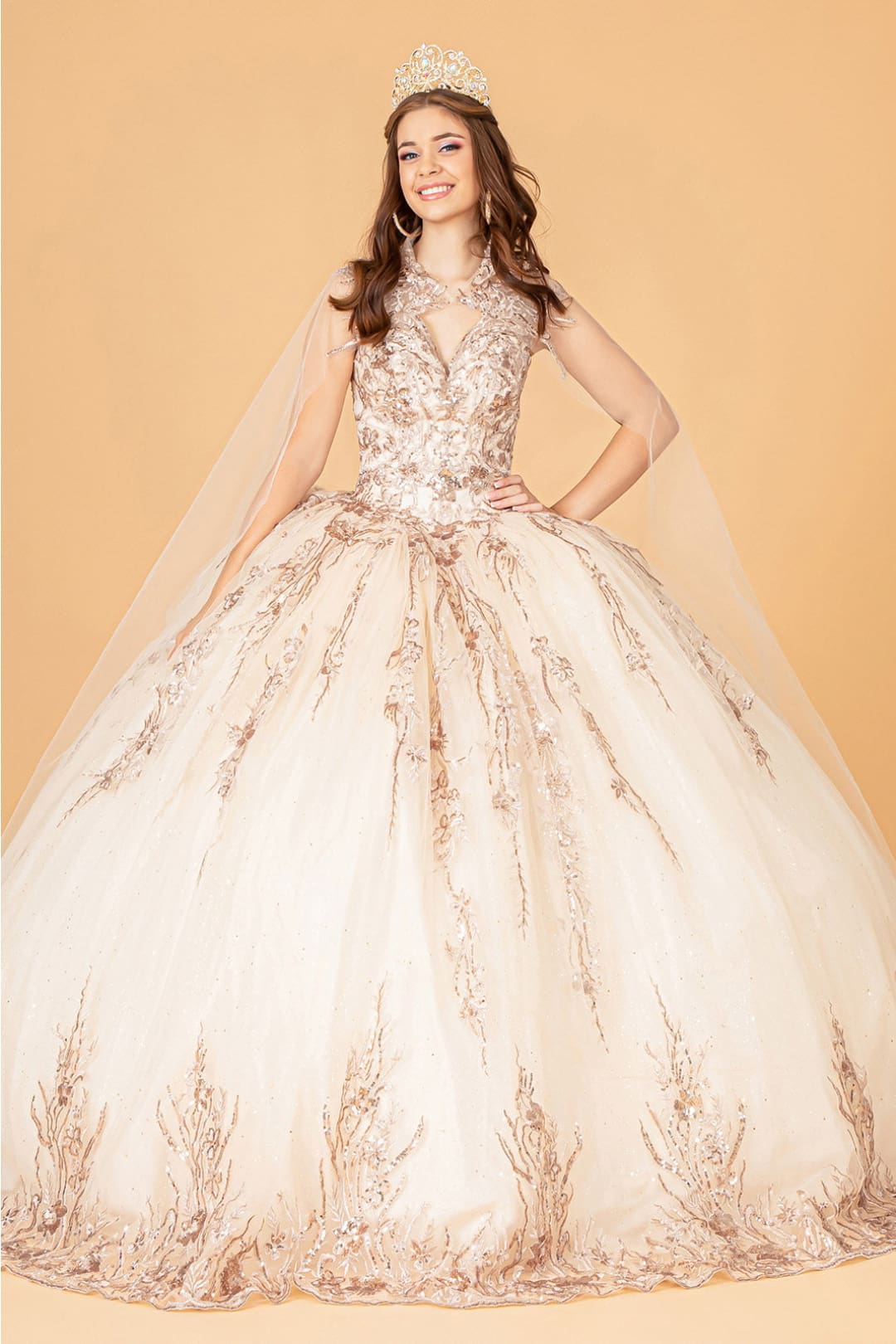 Embroidered Cape Ball Gown by Elizabeth K GL3076 - XS / Champagne - Quinceanera Dresses