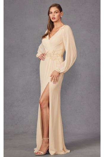 Embroidered Long Sleeve A-line Slit Gown by Juliet JTM16A - Dress