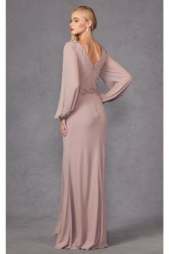 Embroidered Long Sleeve A-line Slit Gown by Juliet JTM16A - Dress