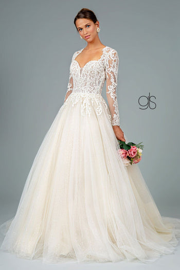 Embroidered Long Sleeve Wedding Dress by Elizabeth K GL1804 - XS / Ivory/Cream - Wedding Dresses