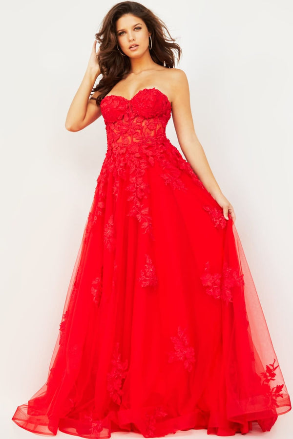 Embroidered Strapless A-line Gown by Jovani 07901 - 00 / Red - Long Formal Dresses