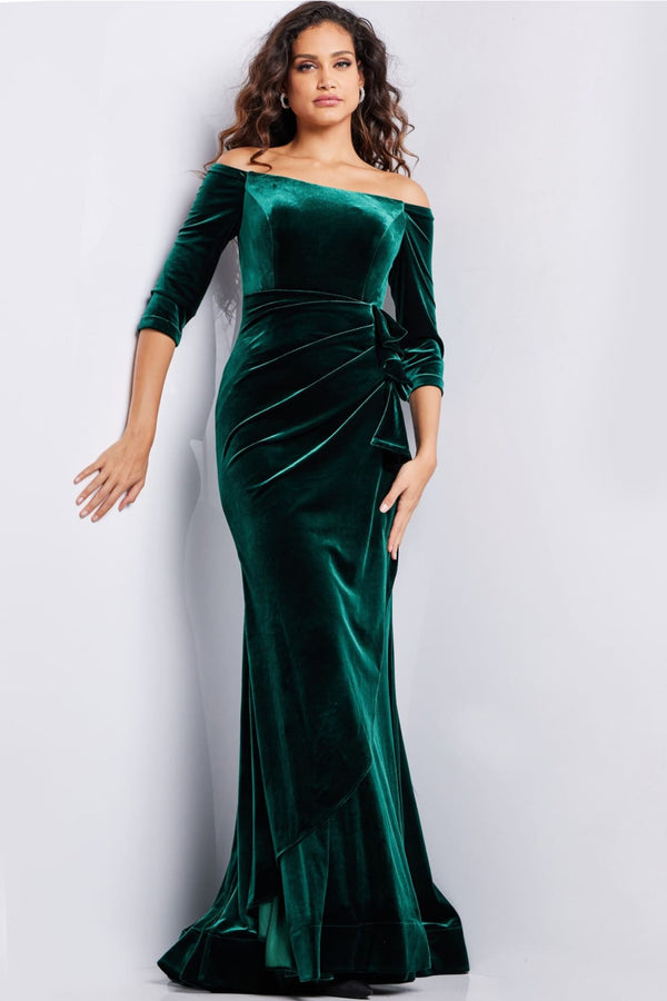 Emerald Green Dress Jovani 36458 - Velvet Quarter Sleeve Evening Gown - Emerald / 00 - Prom