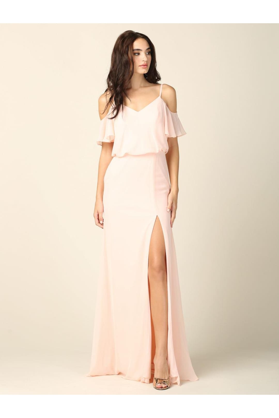Eva Usa 3333 - Off-Shoulder Long Bridesmaids Blouson Dress - Blush / XS - Bridesmaids Dress